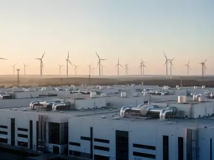 Weite Industrielandschaft mit modernen Fabrikgebäuden und Windkraftanlagen bei Sonnenaufgang - Foto: über boerse-global.de