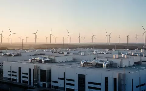Weite Industrielandschaft mit modernen Fabrikgebäuden und Windkraftanlagen bei Sonnenaufgang - Foto: über boerse-global.de