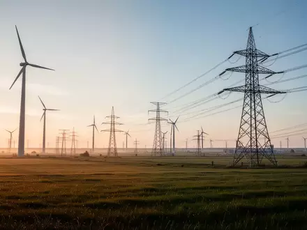 Moderne Windkraftanlagen und Strommasten in einer weitläufigen Landschaft bei Sonnenaufgang. - Foto: über boerse-global.de