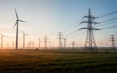 Moderne Windkraftanlagen und Strommasten in einer weitläufigen Landschaft bei Sonnenaufgang. - Foto: über boerse-global.de