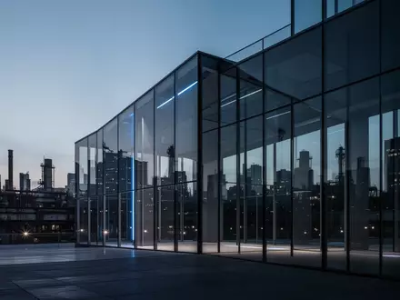 Moderne Glas- und Stahlarchitektur bei Dämmerung vor einem industriellen Stadtbild. - Foto: über boerse-global.de