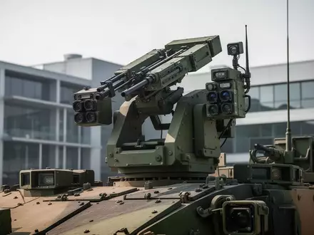 Ein hochmodernes ferngesteuertes Waffensystem auf einem Militärfahrzeug in einer industriellen Umgebung. - Foto: über boerse-global.de