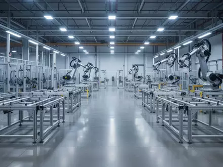 Eine weitläufige, moderne Industriehalle einer Automobilfabrik mit glänzenden Betonböden und automatisierten Fertigungsstationen. - Foto: über boerse-global.de