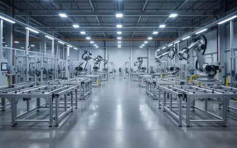 Eine weitläufige, moderne Industriehalle einer Automobilfabrik mit glänzenden Betonböden und automatisierten Fertigungsstationen. - Foto: über boerse-global.de