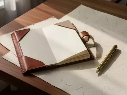 Ein minimalistischer Holzschreibtisch mit einem leeren, aufgeschlagenen Geschäftsbuch und einem Füllfederhalter bei natürlichem Licht. - Foto: über boerse-global.de