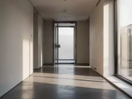 Ein minimalistischer, leerer Flur mit poliertem Betonboden und weichem Lichteinfall, der eine ruhige und sichere Atmosphäre vermittelt. - Foto: über boerse-global.de