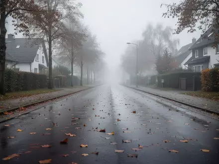 Eine leere, nasse Vorstadtstraße unter einem bewölkten Himmel in Nordrhein-Westfalen. - Foto: über boerse-global.de