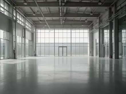 Leere, moderne Industriehalle mit Betonboden und großen Glasfronten bei Tageslicht. - Foto: über boerse-global.de