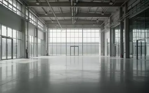 Leere, moderne Industriehalle mit Betonboden und großen Glasfronten bei Tageslicht. - Foto: über boerse-global.de