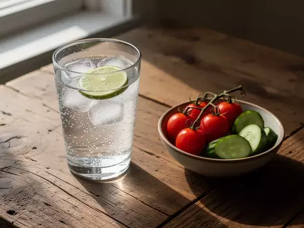 Ein Glas Sprudelwasser mit Limette und eine Schale mit frischem GemĂŒse auf einem Holztisch. - Foto: ĂŒber boerse-global.de