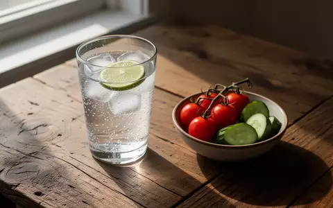 Ein Glas Sprudelwasser mit Limette und eine Schale mit frischem Gemüse auf einem Holztisch. - Foto: über boerse-global.de