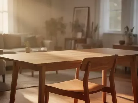 Ein helles, minimalistisches Wohnzimmer mit einem Holztisch in einer ruhigen, häuslichen Umgebung. - Foto: über boerse-global.de