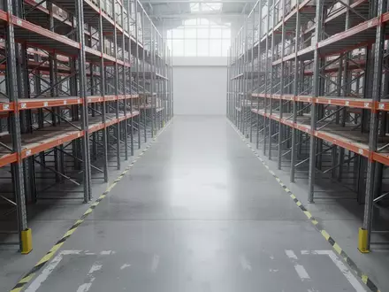 Ein leerer, schmaler Lagergang zwischen hohen Metallregalen in einer modernen Logistikanlage. - Foto: über boerse-global.de