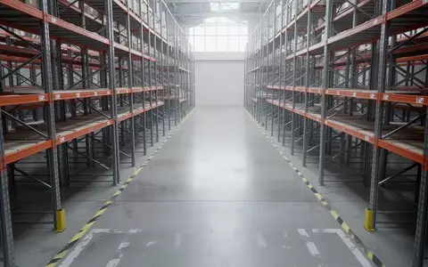 Ein leerer, schmaler Lagergang zwischen hohen Metallregalen in einer modernen Logistikanlage. - Foto: über boerse-global.de