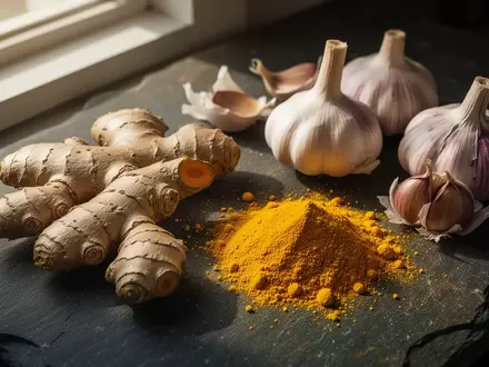 Frische Ingwerwurzeln, Knoblauchknollen und Kurkumapulver auf einer dunklen Steinoberfläche. - Foto: über boerse-global.de