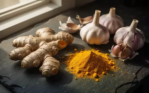 Frische Ingwerwurzeln, Knoblauchknollen und Kurkumapulver auf einer dunklen Steinoberfläche. - Foto: über boerse-global.de