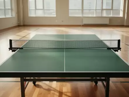 Ein professioneller Tischtennistisch in einer hellen, leeren Sporthalle mit Parkettboden und einfallendem Tageslicht. - Foto: über boerse-global.de