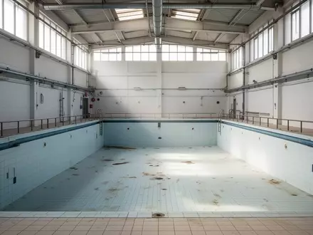 Ein leeres, entleertes Schwimmbecken in einer großen, gefliesten Schwimmhalle während der Wartungsarbeiten. - Foto: über boerse-global.de