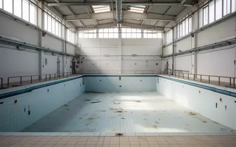 Ein leeres, entleertes Schwimmbecken in einer großen, gefliesten Schwimmhalle während der Wartungsarbeiten. - Foto: über boerse-global.de