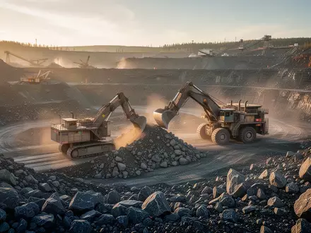 Moderner Tagebau für Wolfram mit schweren Maschinen in einer weitläufigen Grube bei goldenem Licht. - Foto: über boerse-global.de