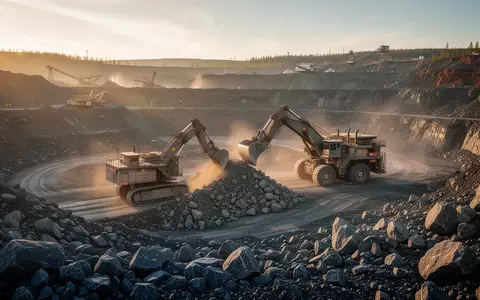 Moderner Tagebau für Wolfram mit schweren Maschinen in einer weitläufigen Grube bei goldenem Licht. - Foto: über boerse-global.de