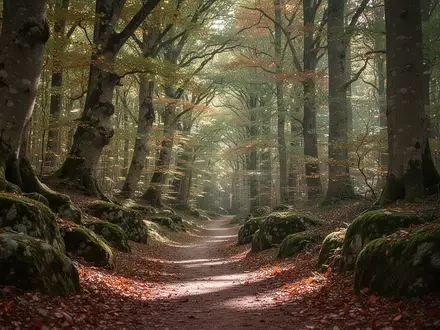 Ein von Sonnenlicht durchfluteter Waldpfad mit moosbewachsenen Steinen und herbstlichem Laub in einer ruhigen Naturlandschaft. - Foto: über boerse-global.de