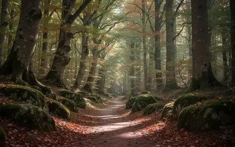 Ein von Sonnenlicht durchfluteter Waldpfad mit moosbewachsenen Steinen und herbstlichem Laub in einer ruhigen Naturlandschaft. - Foto: über boerse-global.de