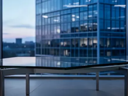 Ein minimalistisches, modernes Büroambiente mit einem gläsernen Tisch und unscharfer Gebäudefassade im Hintergrund bei Dämmerung. - Foto: über boerse-global.de