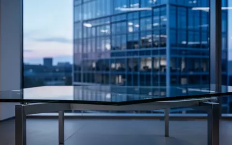 Ein minimalistisches, modernes Büroambiente mit einem gläsernen Tisch und unscharfer Gebäudefassade im Hintergrund bei Dämmerung. - Foto: über boerse-global.de