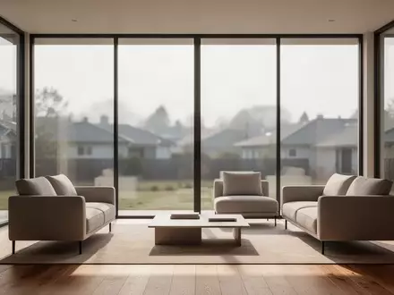 Ein minimalistisch eingerichtetes, lichtdurchflutetes Wohnzimmer mit bodentiefen Fenstern und Blick auf eine ruhige Landschaft. - Foto: über boerse-global.de