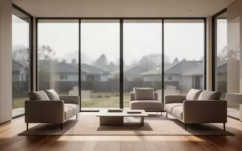 Ein minimalistisch eingerichtetes, lichtdurchflutetes Wohnzimmer mit bodentiefen Fenstern und Blick auf eine ruhige Landschaft. - Foto: über boerse-global.de