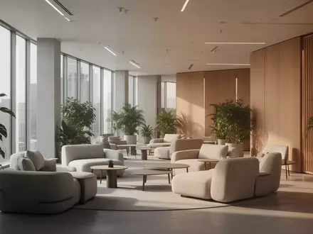 Ein lichtdurchfluteter, moderner Büroraum mit minimalistischer Architektur, bequemen Sitzgelegenheiten, Holzelementen und Pflanzen. - Foto: über boerse-global.de