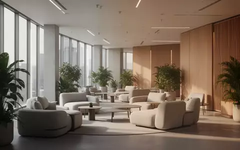 Ein lichtdurchfluteter, moderner Büroraum mit minimalistischer Architektur, bequemen Sitzgelegenheiten, Holzelementen und Pflanzen. - Foto: über boerse-global.de