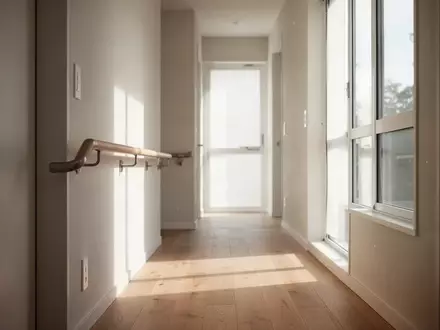 Ein heller, minimalistischer Flur mit einem stabilen Handlauf an der Wand und natürlichem Tageslicht. - Foto: über boerse-global.de