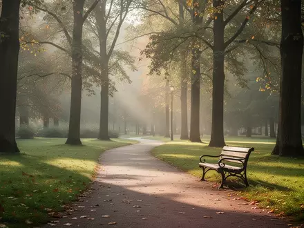 Ein sonnendurchfluteter Parkweg mit einer leeren Parkbank im morgendlichen Licht. - Foto: über boerse-global.de