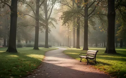 Ein sonnendurchfluteter Parkweg mit einer leeren Parkbank im morgendlichen Licht. - Foto: über boerse-global.de