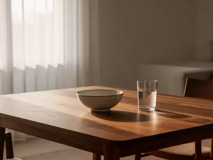 Ein minimalistischer, lichtdurchfluteter Essbereich mit einem schlichten Holztisch, der eine ruhige und gesundheitsbewusste Atmosphäre vermittelt. - Foto: über boerse-global.de