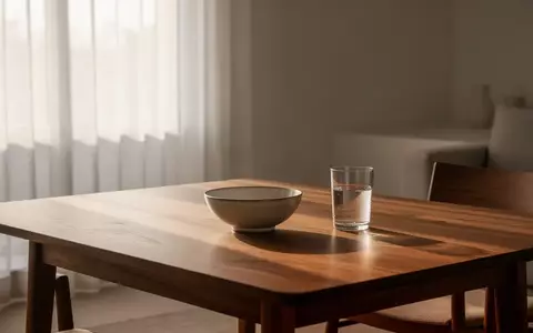 Ein minimalistischer, lichtdurchfluteter Essbereich mit einem schlichten Holztisch, der eine ruhige und gesundheitsbewusste Atmosphäre vermittelt. - Foto: über boerse-global.de