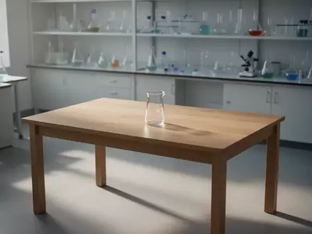 Ein heller, minimalistischer Laborraum mit einem leeren Glasbecher auf einem Holztisch in einer ruhigen Forschungsumgebung. - Foto: über boerse-global.de