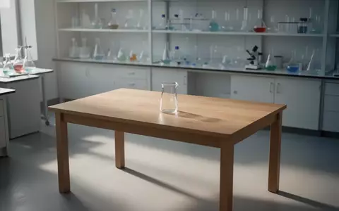 Ein heller, minimalistischer Laborraum mit einem leeren Glasbecher auf einem Holztisch in einer ruhigen Forschungsumgebung. - Foto: über boerse-global.de