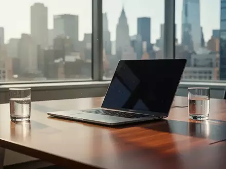 Ein moderner, heller Büroarbeitsplatz mit einem Laptop bei Tageslicht vor einer verschwommenen Skyline. - Foto: über boerse-global.de