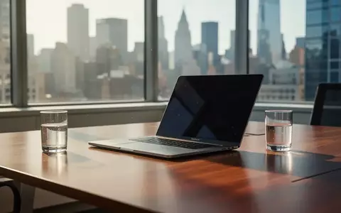 Ein moderner, heller Büroarbeitsplatz mit einem Laptop bei Tageslicht vor einer verschwommenen Skyline. - Foto: über boerse-global.de