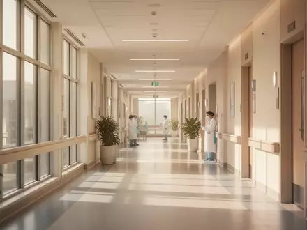Ein heller, moderner Krankenhausflur mit warmem Tageslicht und minimalistischer Architektur. - Foto: über boerse-global.de