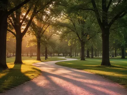 Ein gewundener Kiesweg in einem grünen Park im goldenen Licht der Nachmittagssonne. - Foto: über boerse-global.de