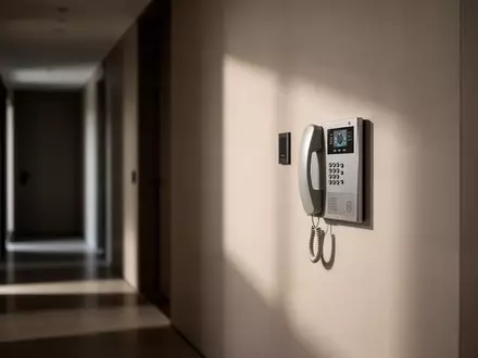 Ein moderner, leerer Flur mit einem Wandtelefon in einer ruhigen Wohnumgebung. - Foto: über boerse-global.de