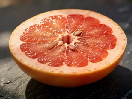 Eine aufgeschnittene Grapefruit liegt auf einem dunklen Steinhintergrund in natürlichem Licht. - Foto: über boerse-global.de