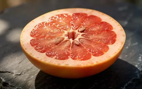 Eine aufgeschnittene Grapefruit liegt auf einem dunklen Steinhintergrund in natürlichem Licht. - Foto: über boerse-global.de