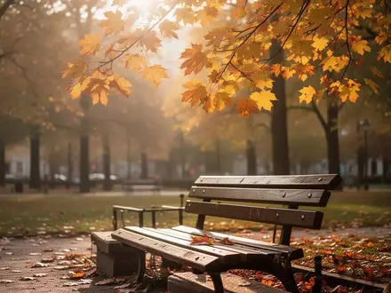 Ein leerer Parkplatz mit einer Bank in einem herbstlichen Berliner Park bei goldenem Licht. - Foto: über boerse-global.de