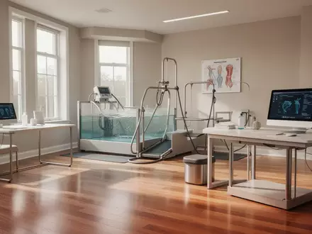 Heller, leerer Raum einer tierärztlichen Physiotherapiepraxis mit einem Unterwasserlaufband bei natürlichem Lichteinfall. - Foto: über boerse-global.de