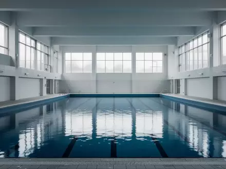 Ein leeres kommunales Hallenbad mit blauem Wasser und hellen Fliesen in einer modernen, minimalistischen Architektur. - Foto: über boerse-global.de